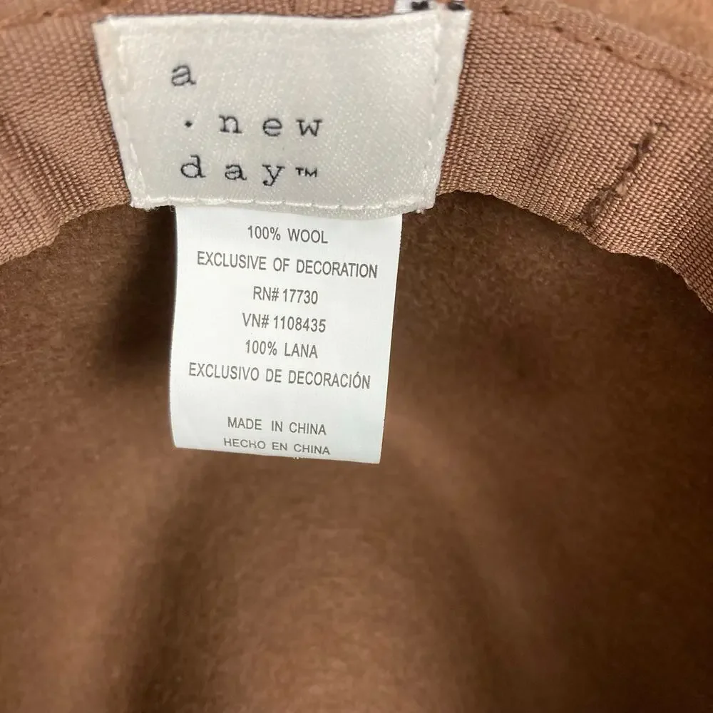 A New Day Wide Brim Fedora Hat Womens Camel Brown Wool Ribbon Band Festival Boho